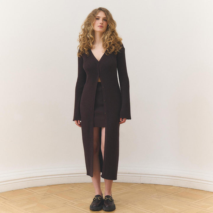 Damen Strickjacke mit Midi-Rock und elegantem V-Ausschnitt Drune