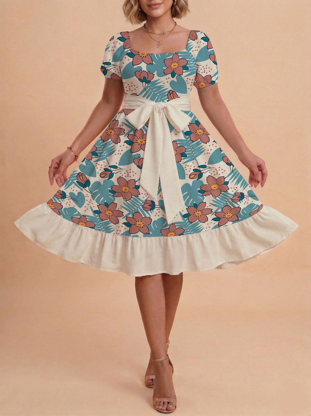 Damen Retro Maxikleid mit Puffärmeln und Taillengürtel Drune