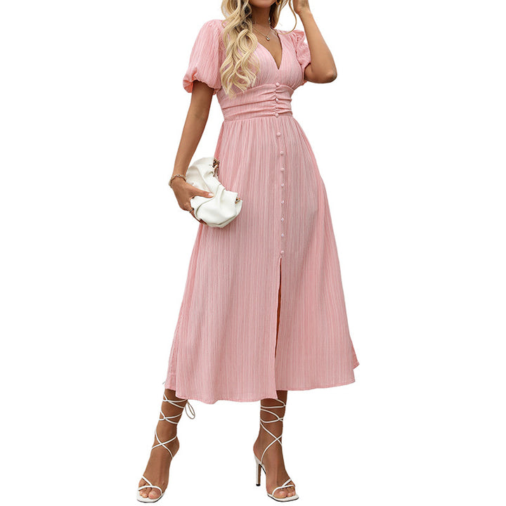 Damen Maxikleid mit elegantem V-Ausschnitt und knöpfbarem Design Drune