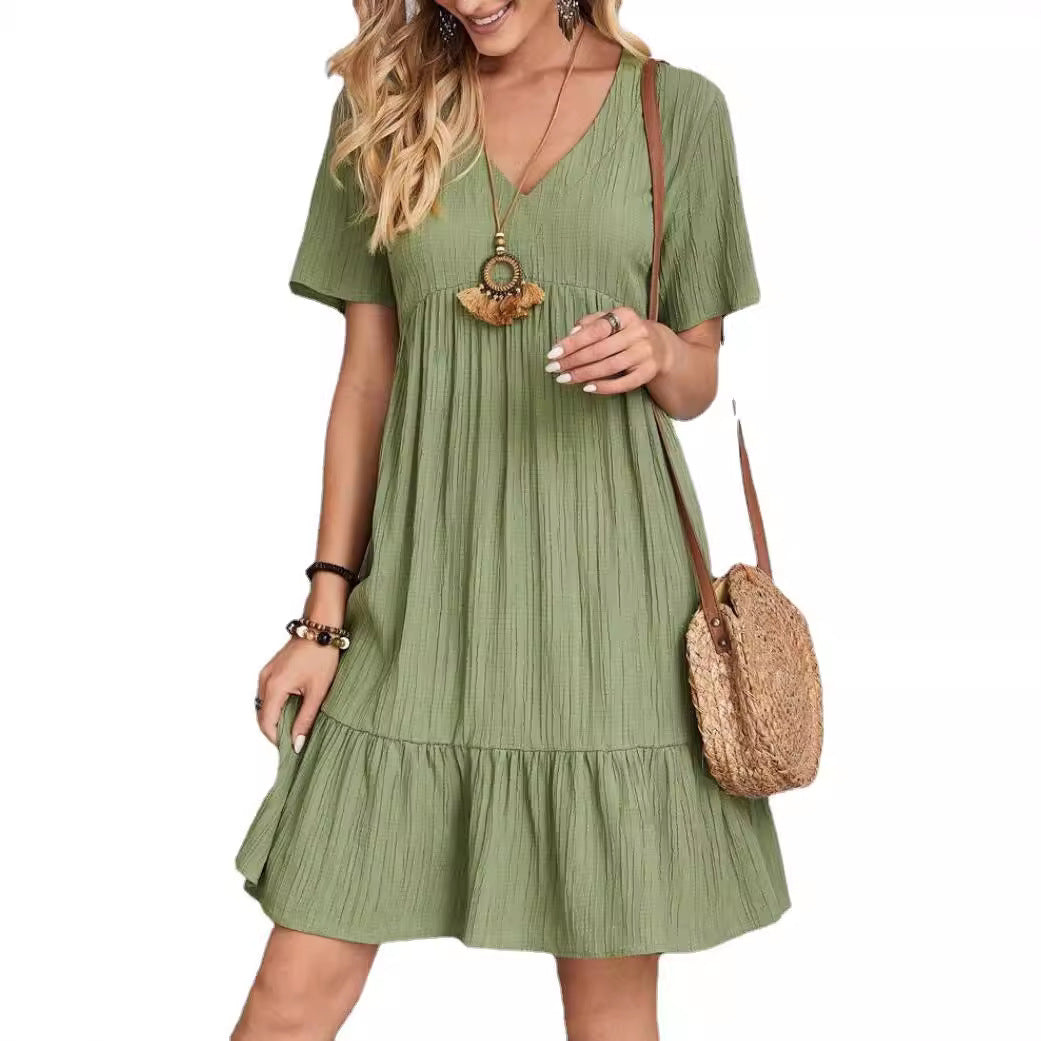 Damen V-Ausschnitt Sommerkleid mit voluminösem Saum Drune