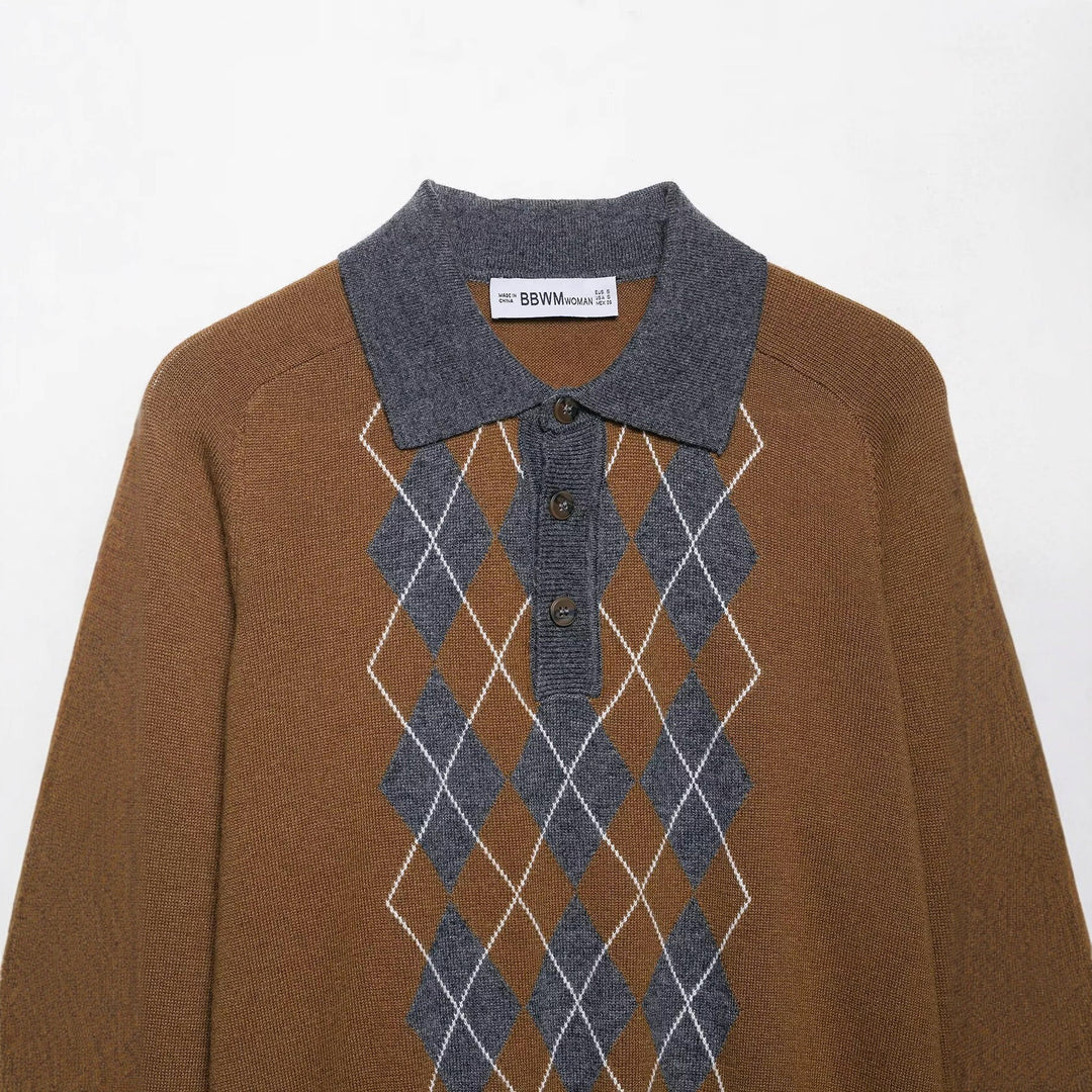 Damen Pullover mit klassischem Polokragen und modernem Rautenmuster Drune