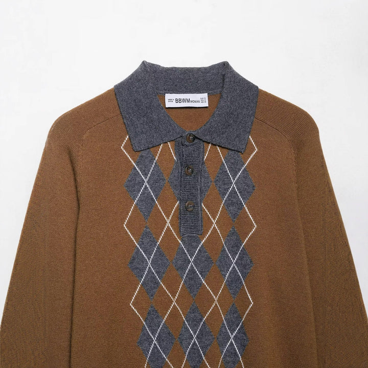 Damen Pullover mit klassischem Polokragen und modernem Rautenmuster Drune