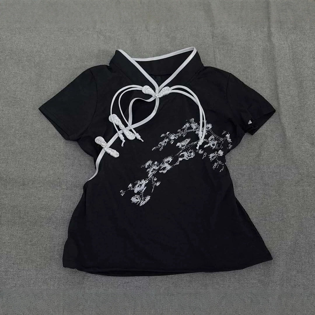 Damen Modernes Chinesisches Kurzarm-T-Shirt mit kreativem Knotendesign Drune