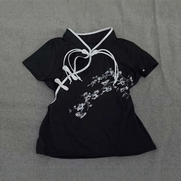 Damen Modernes Chinesisches Kurzarm-T-Shirt mit kreativem Knotendesign Drune