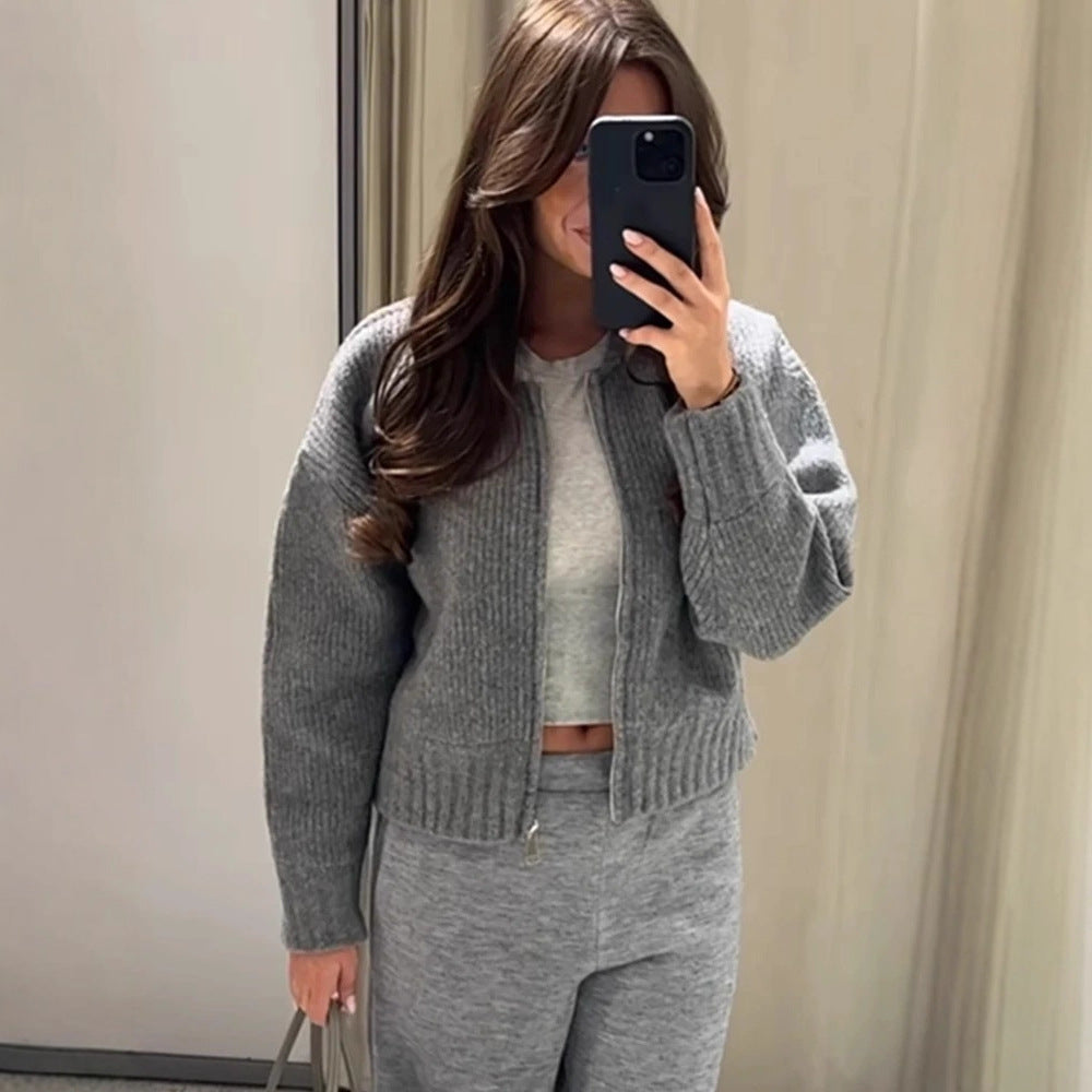 Damen moderne Strickjacke mit voluminösen Ärmeln und Reißverschluss Drune