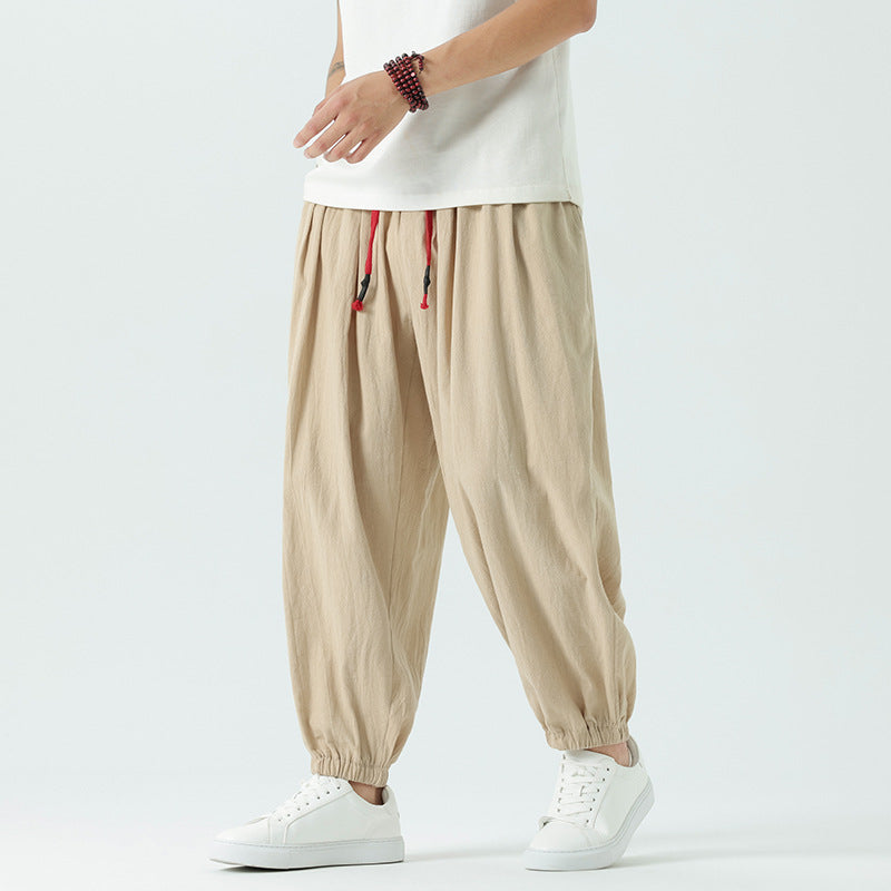 Herren nan locker geschnittene Leinen-Baumwoll Hose mit Kordelzug und elastischen Bündchen Drune