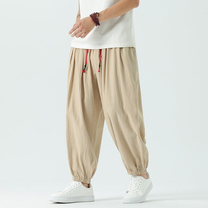 Herren nan locker geschnittene Leinen-Baumwoll Hose mit Kordelzug und elastischen Bündchen Drune