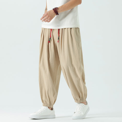 Herren nan locker geschnittene Leinen-Baumwoll Hose mit Kordelzug und elastischen Bündchen Drune