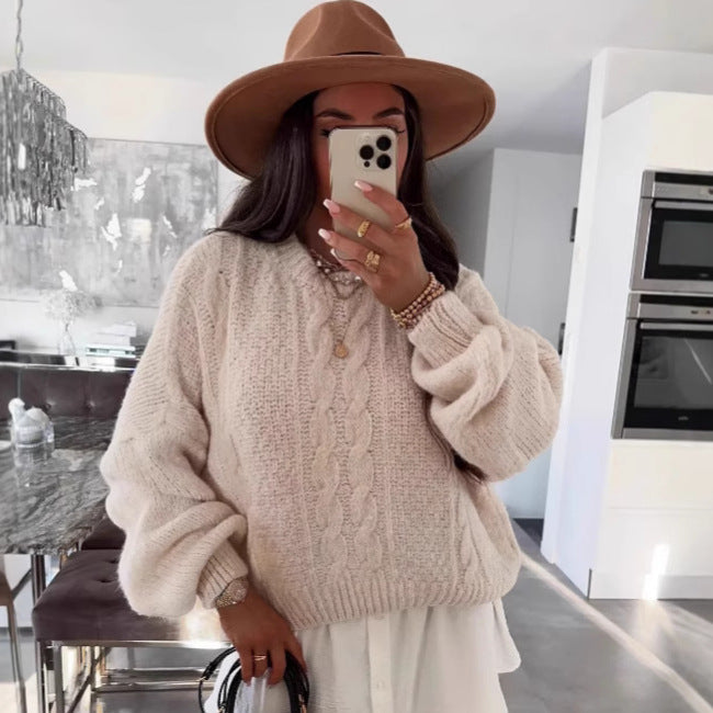 Damen Grobstrickpullover mit voluminösen Ärmeln und Zopfmuster Drune