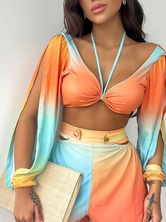 Damen cropped Top mit schulterfreien Ärmeln und farbverlaufendem Design Drune
