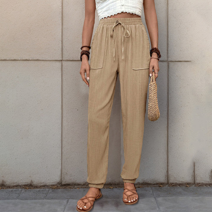 Damen elastische Freizeit-Hose mit seitlichen Taschen und Kordelzug Drune