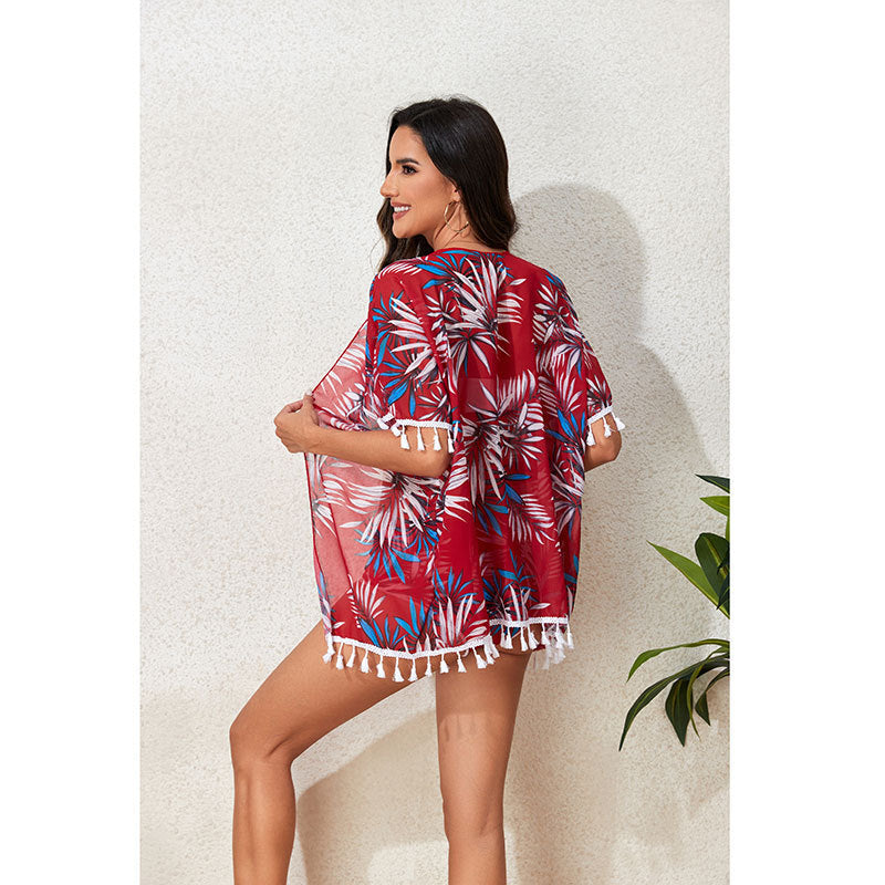 Damen Strandmode Set mit floralem Kimono und passendem Bikini Drune