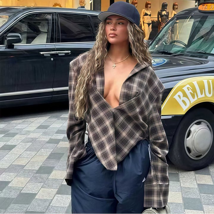 Damen Oversized Karo-Hemdbluse mit tiefem V-Ausschnitt und lässigem Schnitt Drune