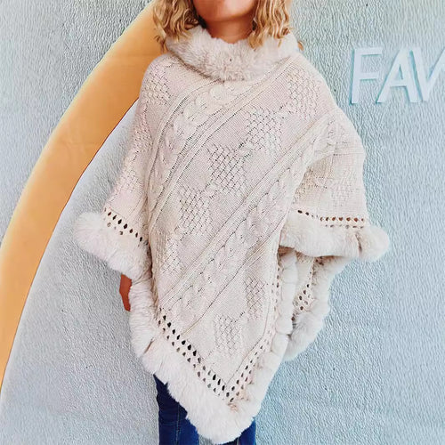 Damen Strickponcho mit dekorativem Kragen und gefüttertem Saum Drune