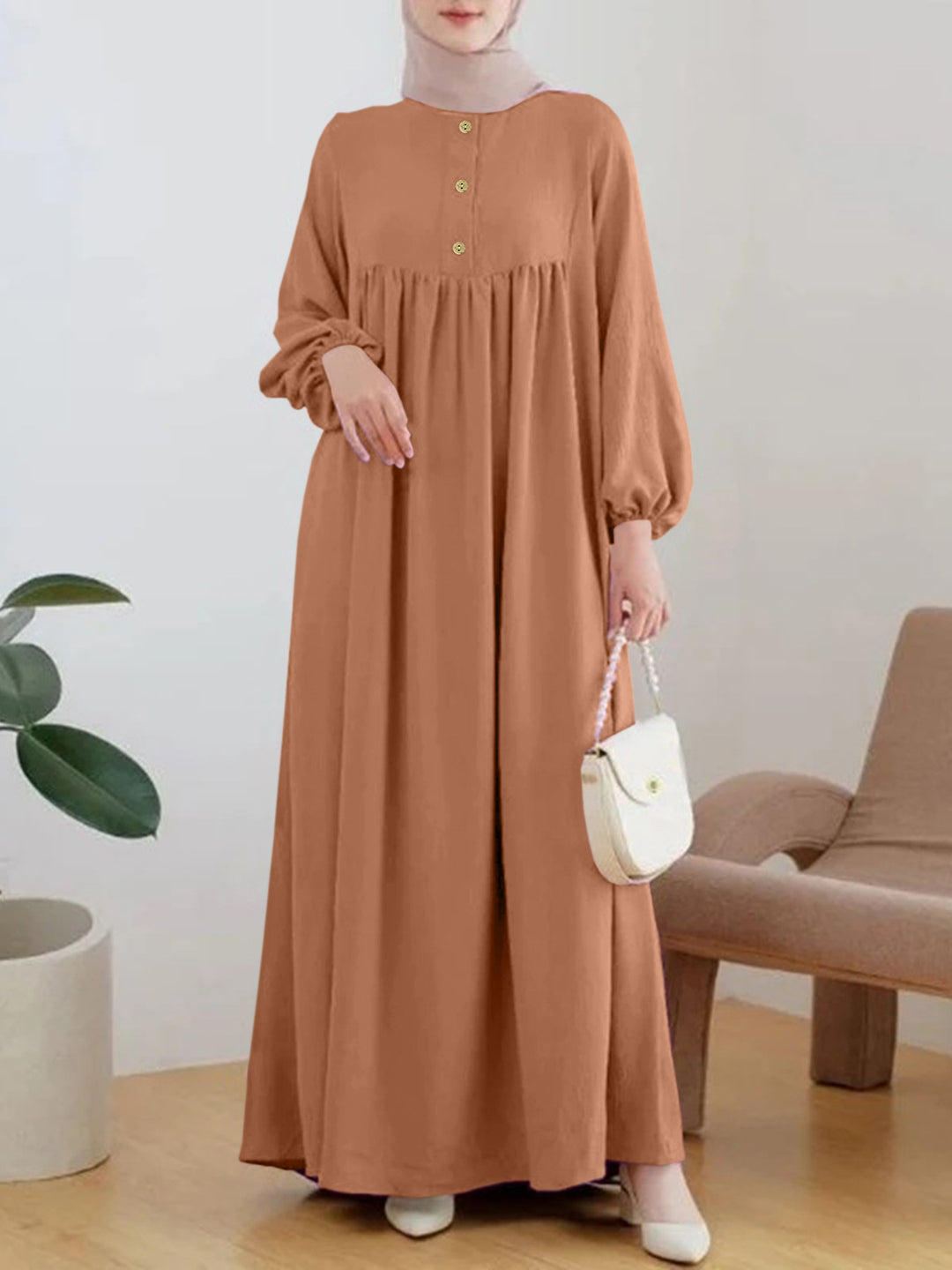 Damen luftiges Maxikleid mit bequemer Knopfleiste und eleganten Puffärmeln Drune