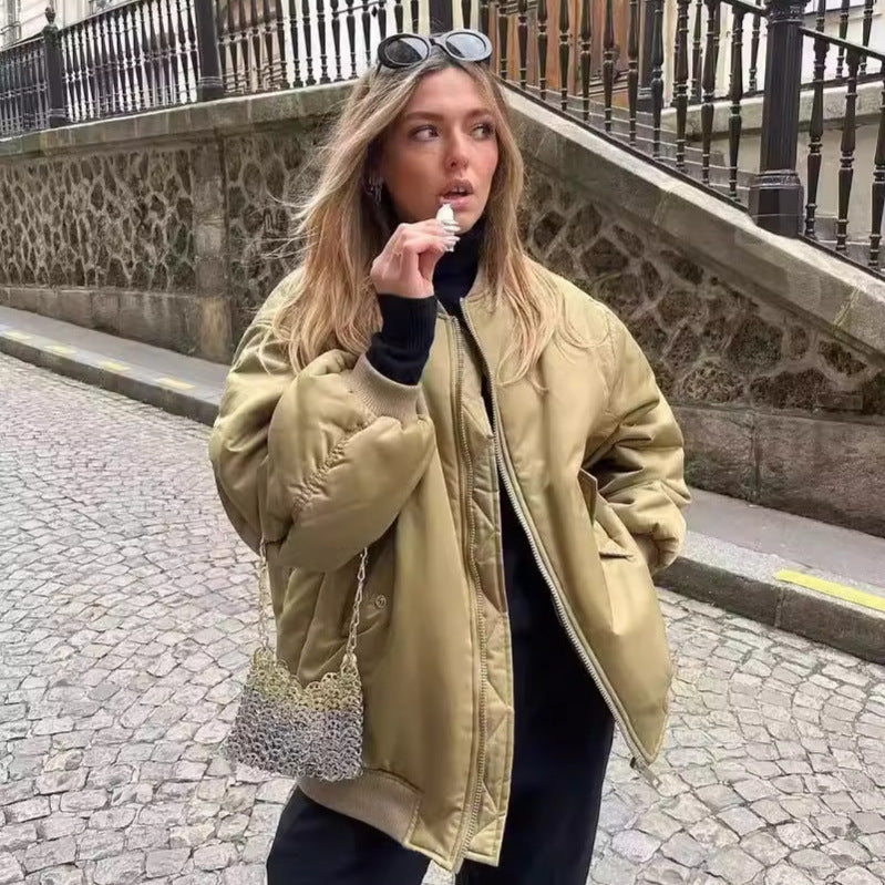 Damen lässige Bomberjacke mit elastischem Bund und praktischen Taschen Drune
