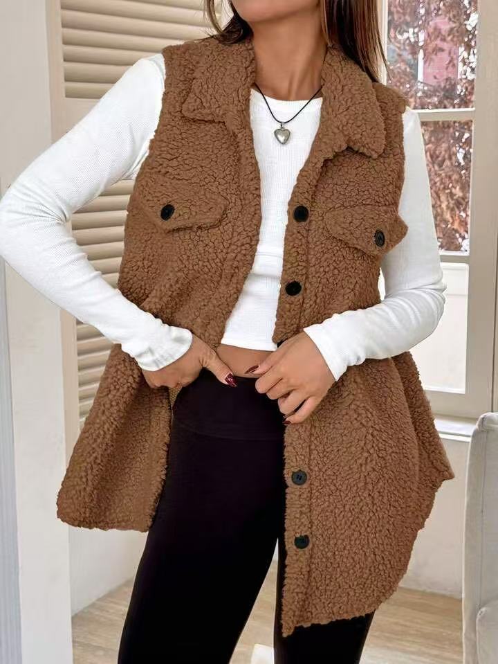 Damen Plüsch Weste mit Taschen Drune