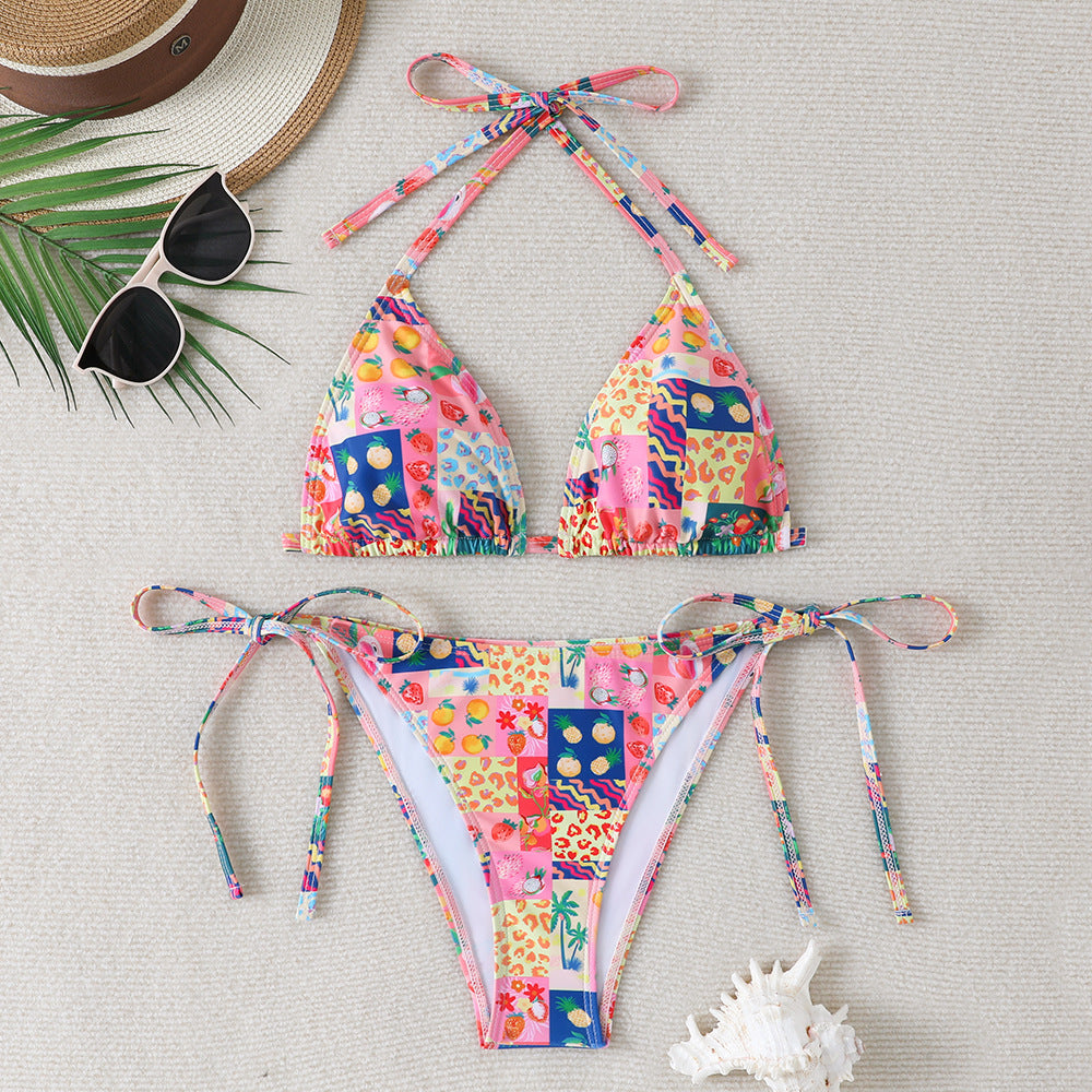 Damen Triangel-Bikini mit verstellbaren Bindebändern und floralen Details Drune