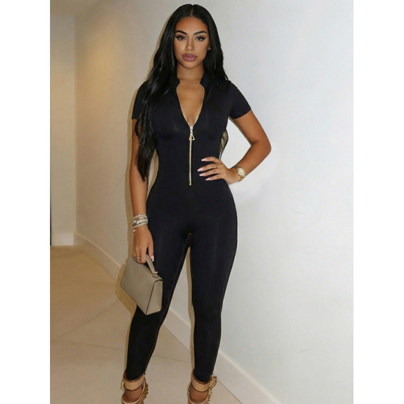 Damen Figurbetonter Jumpsuit mit hohem Ausschnitt und Reißverschluss Drune
