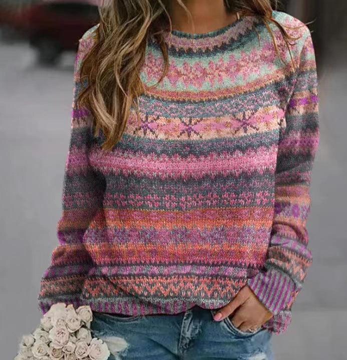 Damen Strickpullover mit buntem Norweger-Muster und Rundhalsausschnitt Drune