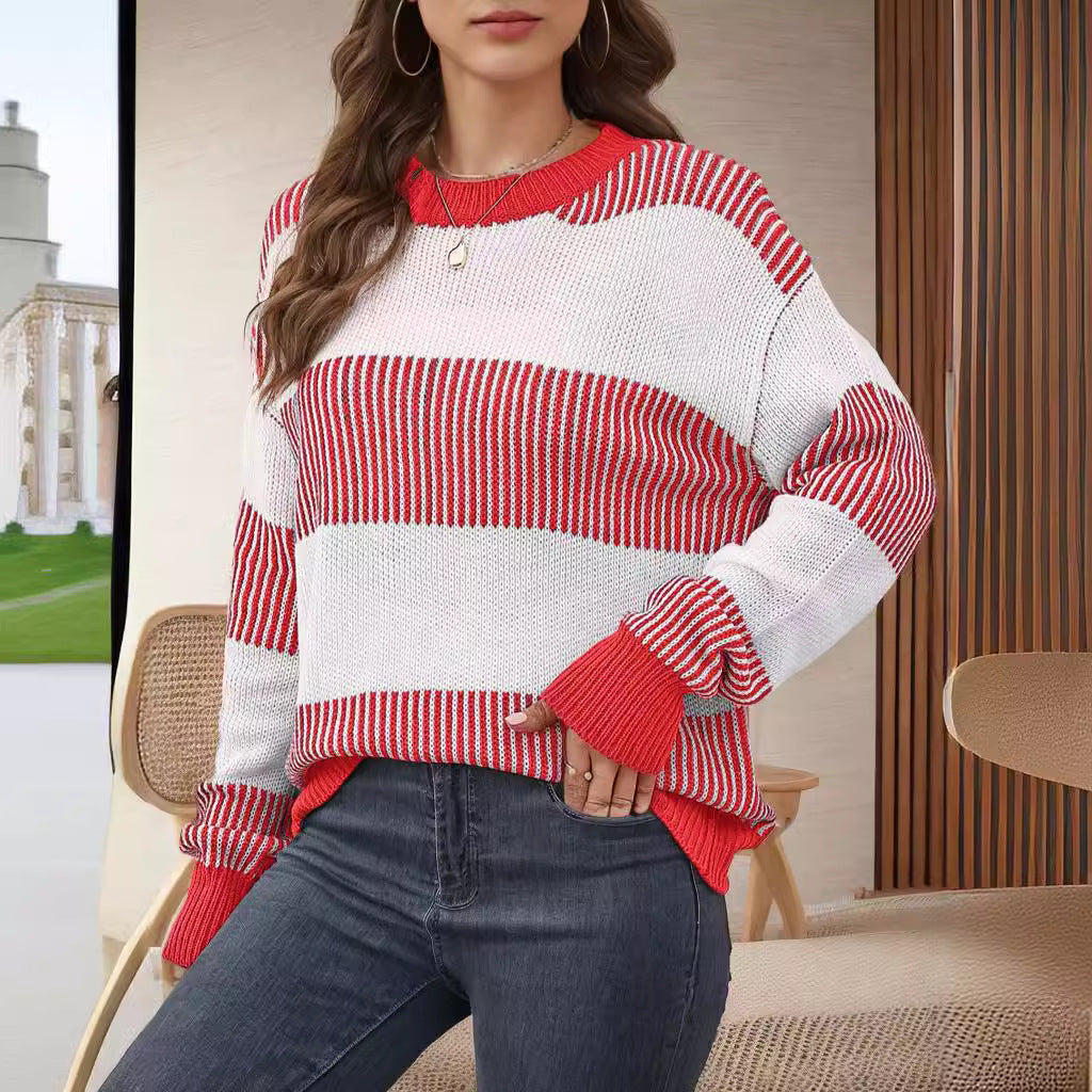 Damen gestreifter Strickpullover mit weitem Schnitt Drune