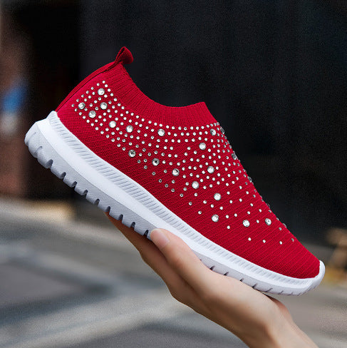 Damen nan gestrickte Slipper-Sneaker mit Strassbesatz und elastischem Einstieg Drune