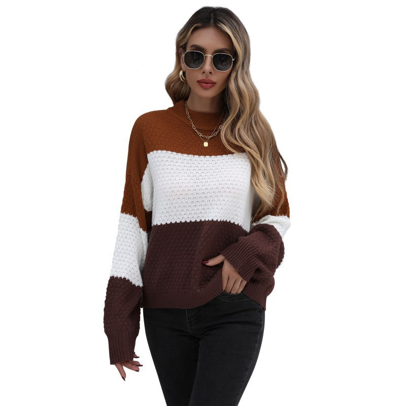 Damen lässiger Strickpullover mit modernem Blockstreifenmuster Drune
