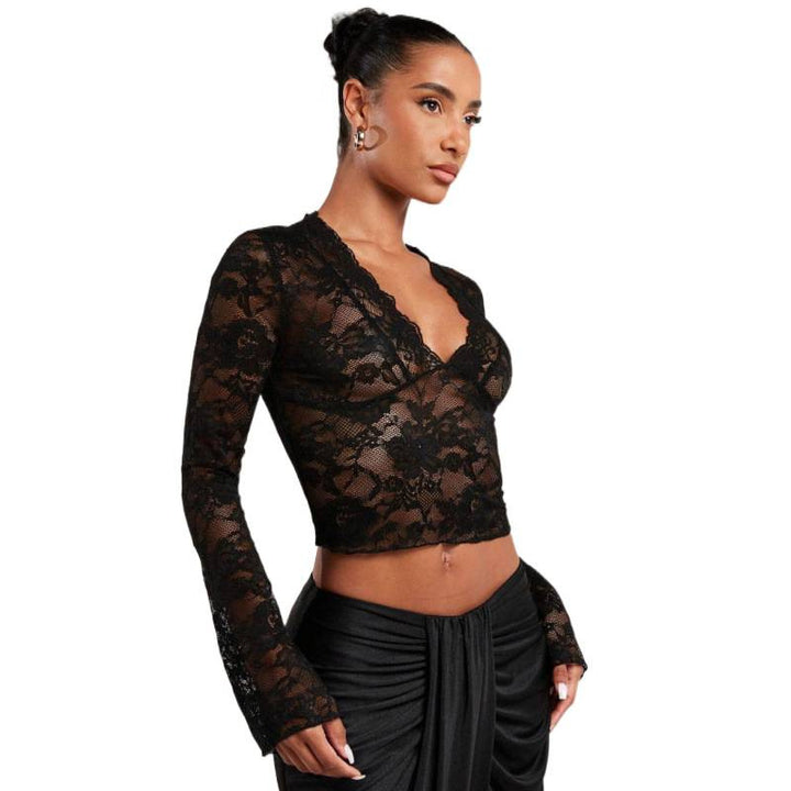 Damen Spitze Bluse mit eleganten Trompetenärmeln und V-Ausschnitt Drune