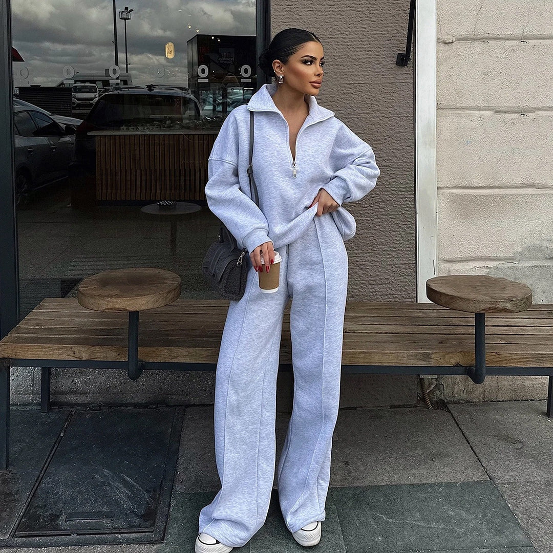 Damen bequemer Fleece-Athleisure-Anzug mit Stehkragen und Reißverschluss Drune