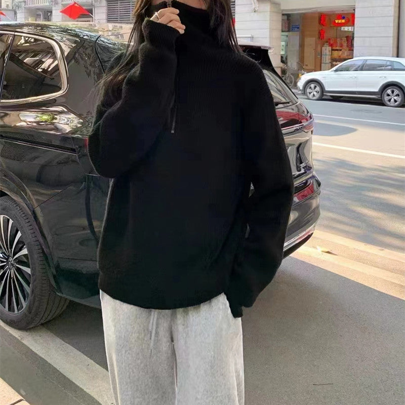 Damen Leichter Strickpullover mit hohem Kragen und dekorativem Reißverschluss Drune