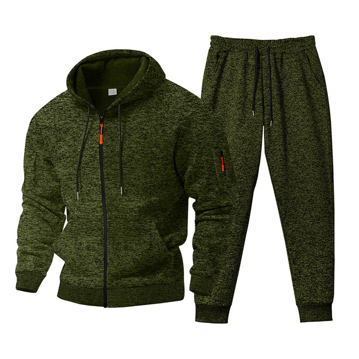 Herren nan meliertes Kapuzen-Sweatset mit durchgehendem Reißverschluss, Reißverschluss-Armtasche und Kordelzug-Jogginghose Drune