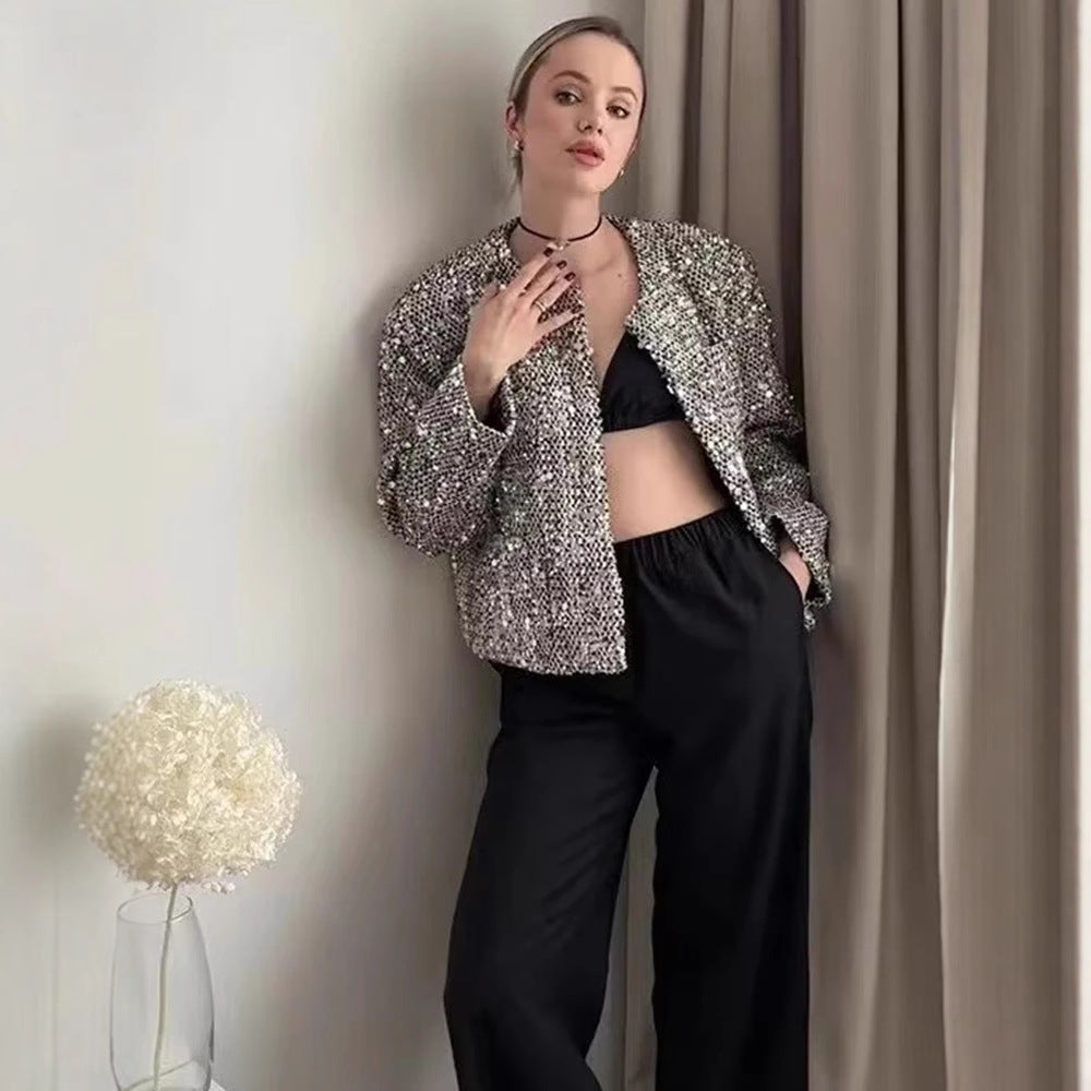 Damen nan gefütterte Bouclé-Kurzjacke mit Paillettenbesatz, Rundhalsausschnitt und offener Front Drune