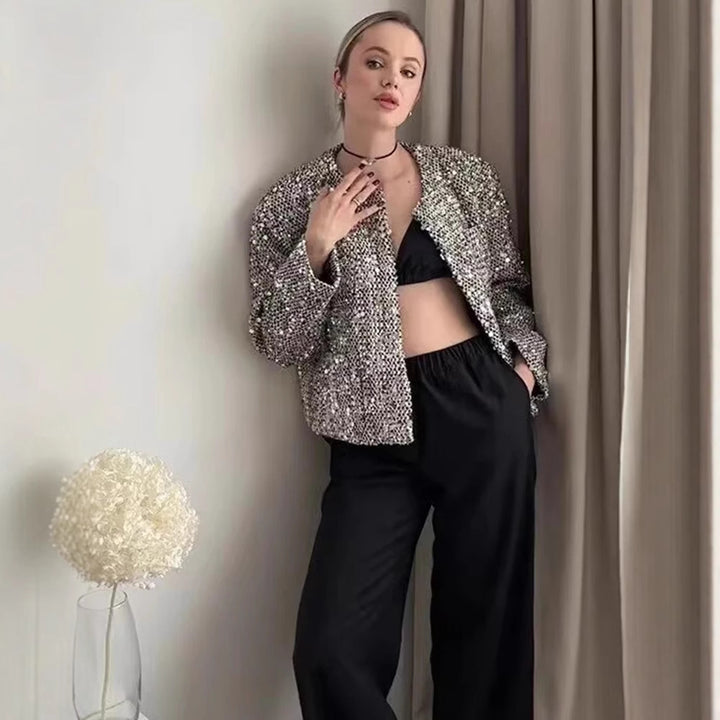 Damen nan gefütterte Bouclé-Kurzjacke mit Paillettenbesatz, Rundhalsausschnitt und offener Front Drune