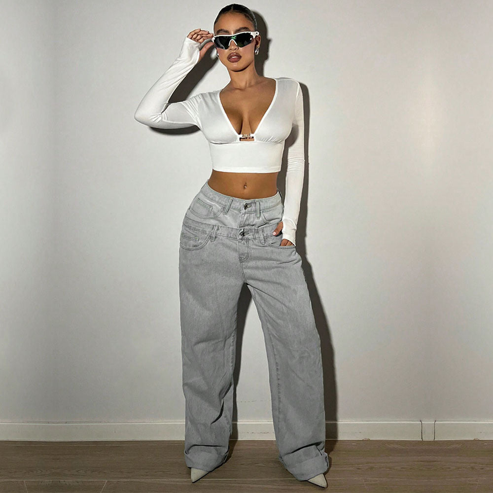 Damen cropped Langarmtop mit tiefem V-Ausschnitt und dekorativer Schnalle Drune