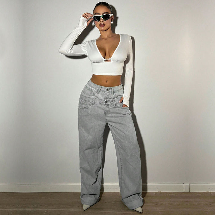 Damen cropped Langarmtop mit tiefem V-Ausschnitt und dekorativer Schnalle Drune