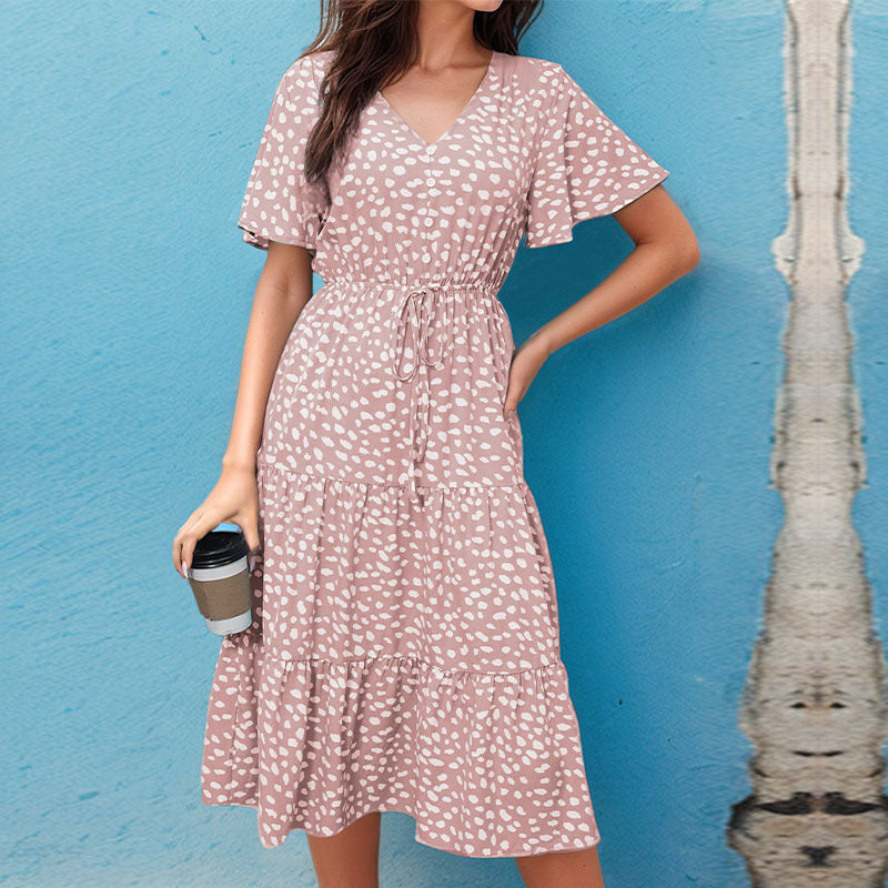 Damen Midi-Kleid mit Puffärmeln und modischem Punktmuster Drune
