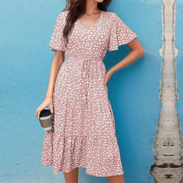 Damen Midi-Kleid mit Puffärmeln und modischem Punktmuster Drune