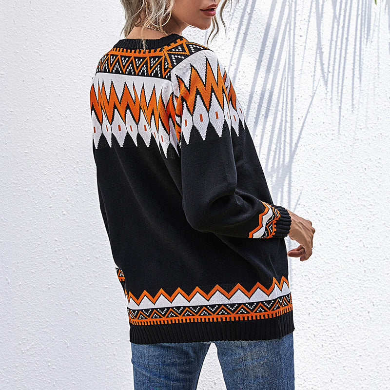 Damen lässiger Strickpullover mit asymmetrischem Ausschnitt und kunstvollen Mustern Drune