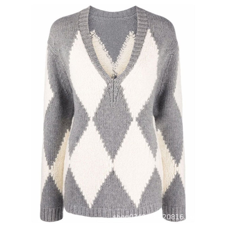 Damen trendiger V-Ausschnitt Strickpullover mit Zickzackmuster Drune