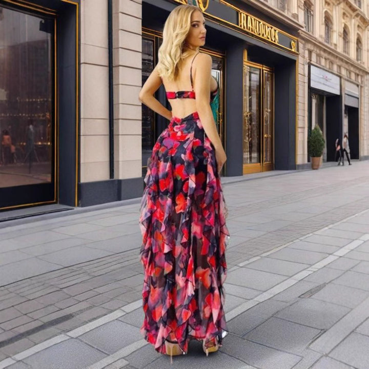 Damen Maxikleid mit floralen Rüschen und tiefem Schlitz Drune