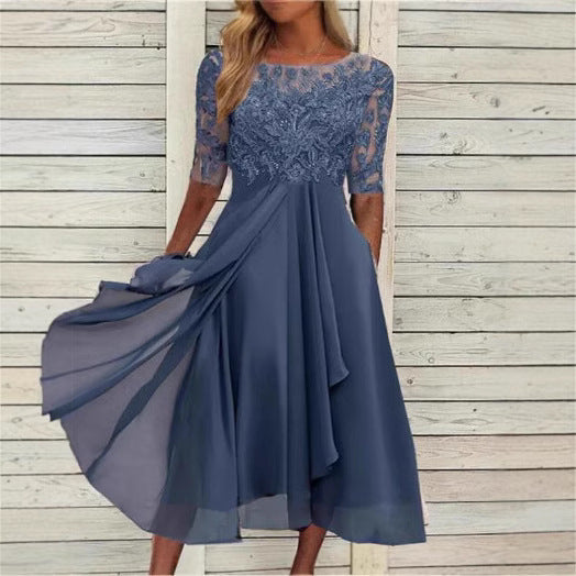 Damen Elegantes Midikleid mit Spitzenärmeln und schwingendem Rock Drune