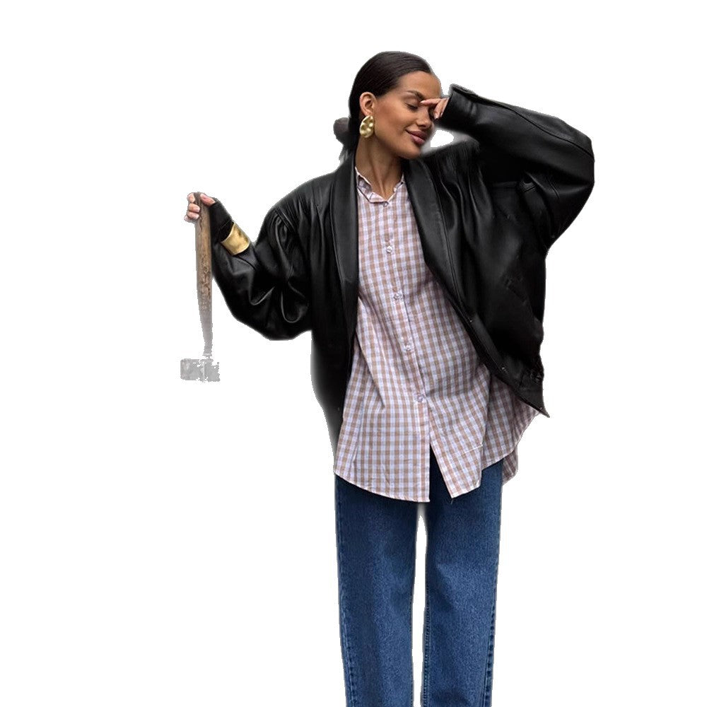 Damen lässige Kunstlederjacke mit voluminösen Ärmeln Drune