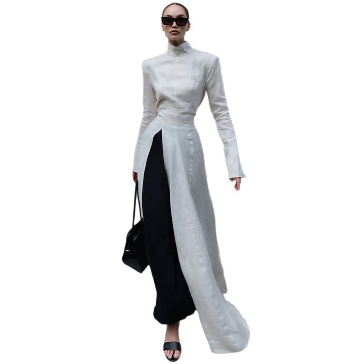 Damen elegantes Maxikleid mit hochgeschlossenem Kragen und asymmetrischem Farbdesign Drune