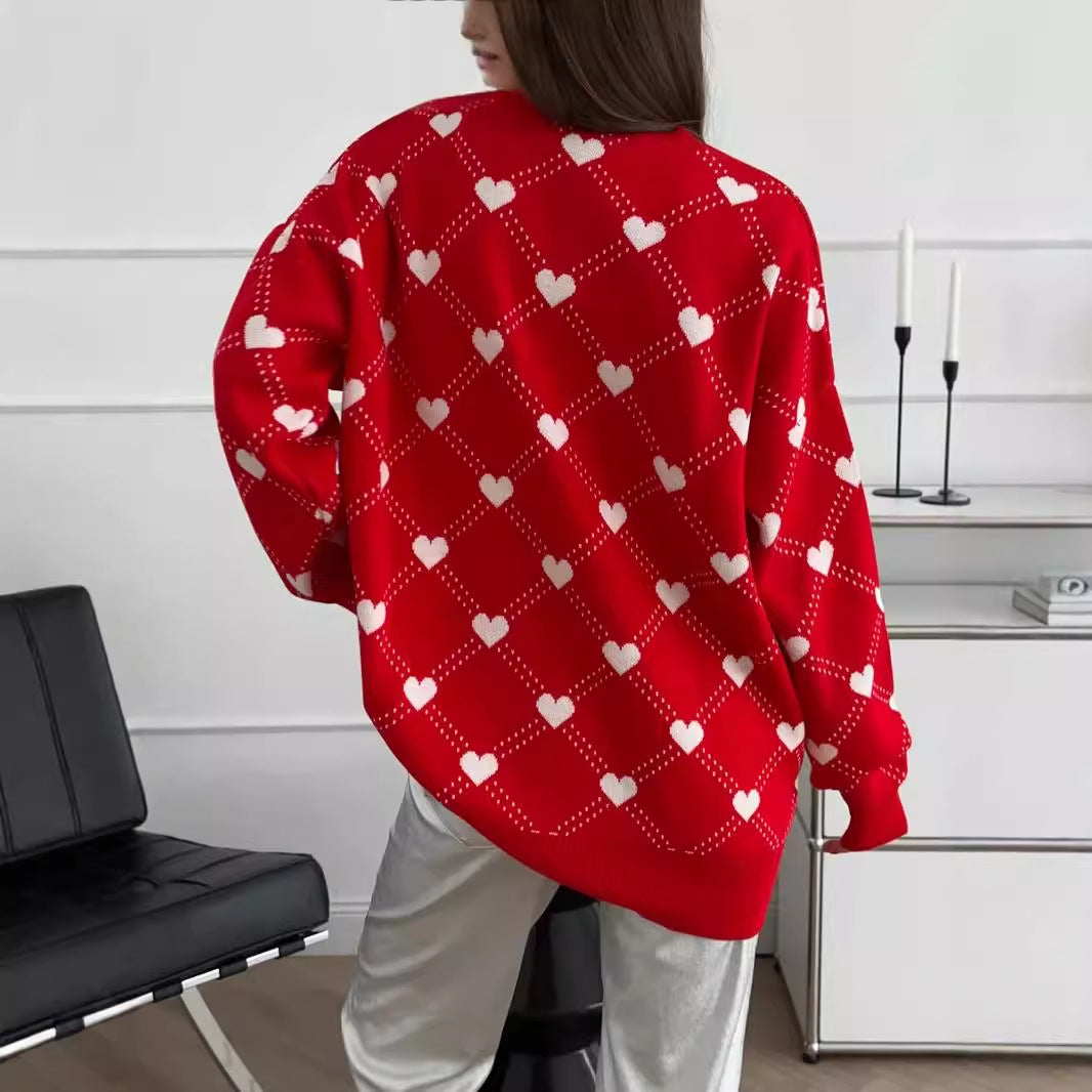 Damen Gemusterter Pullover mit Herzmotiven und weitem Schnitt Drune