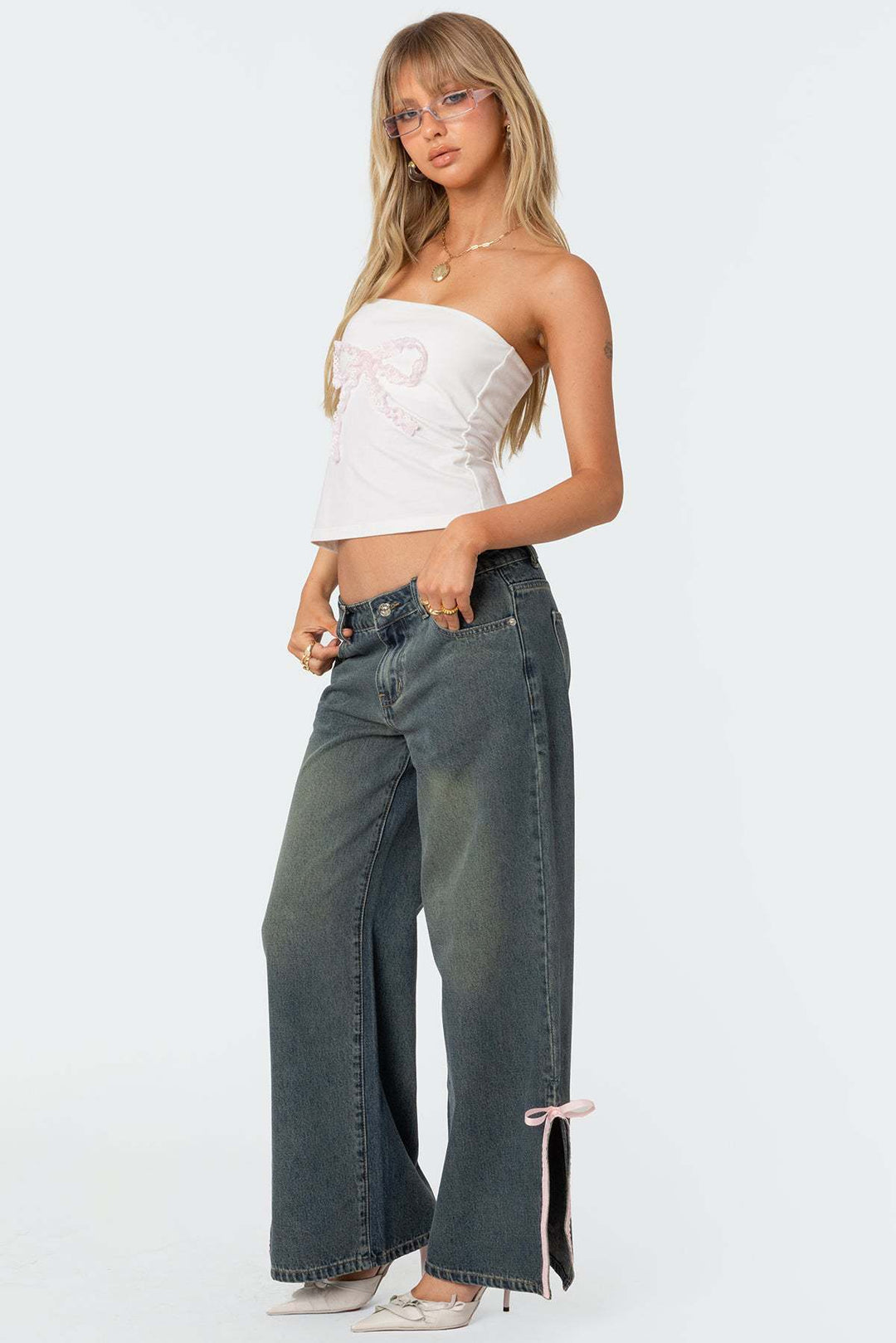 Damen Hohe Taillen Denim-Hose mit modischen Schleifendetails Drune