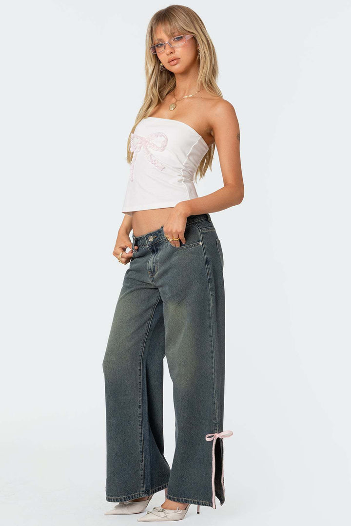 Damen Hohe Taillen Denim-Hose mit modischen Schleifendetails Drune
