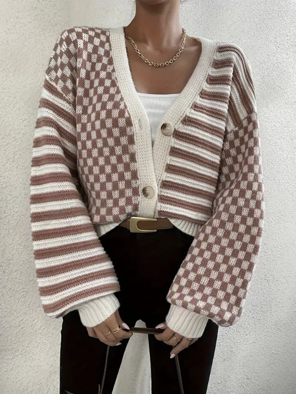 Damen Kuschelige Strickjacke mit kariertem Design und breiten Ärmeln Drune