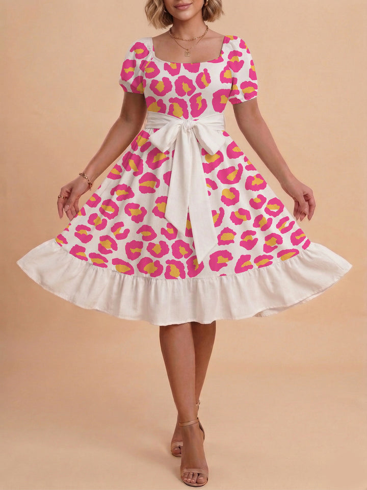 Damen Sommerliches Blumenkleid mit taillierbarem Gürtel und voluminösen Ärmeln Drune