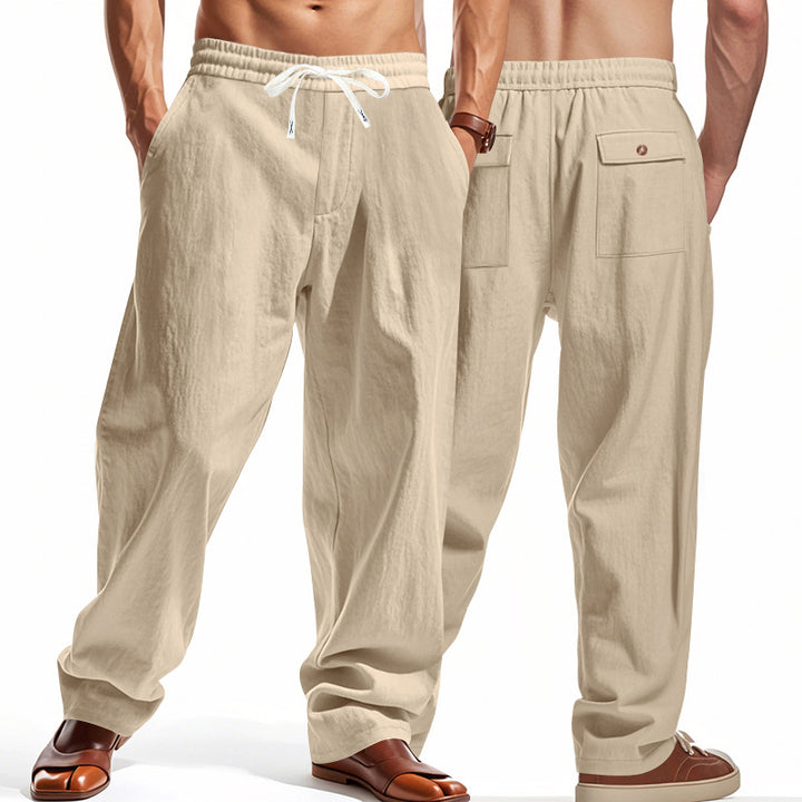 Herren nan lässige Leinen-Freizeithose mit elastischem Bund Kordelzug und aufgesetzten Gesäßtaschen Drune