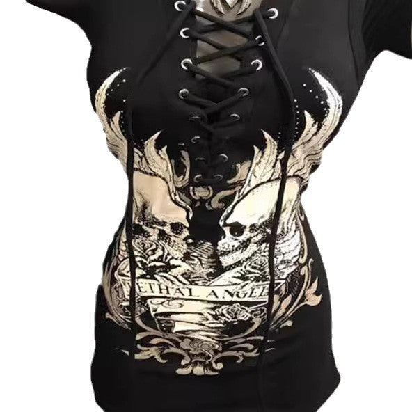 Damen Rockabilly Kleid mit Schnüroptik und grafischem Print Drune